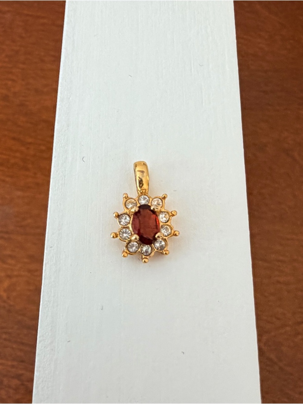 Red Gemstone Pendant Gold Tone Halo Necklace Charm Vintage Style